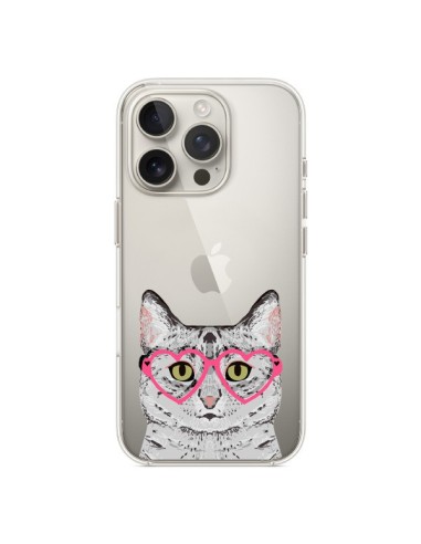 Coque iPhone 16 Pro Chat Gris Lunettes Coeurs Transparente - Pet Friendly