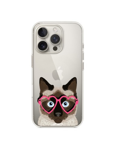 Coque iPhone 16 Pro Chat Marron Lunettes Coeurs Transparente - Pet Friendly