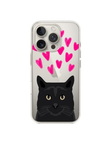 Coque iPhone 16 Pro Chat Noir Coeurs Transparente - Pet Friendly