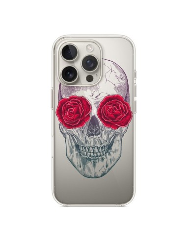 Coque iPhone 16 Pro Tête de Mort Rose Fleurs Transparente - Rachel Caldwell