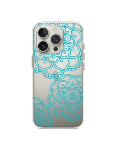 Coque iPhone 16 Pro Mandala Bleu Aqua Doodle Flower Transparente - Sylvia Cook