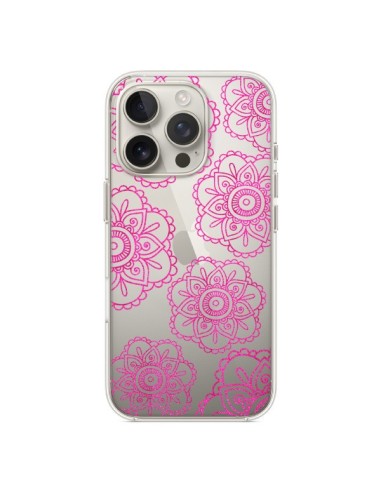 Coque iPhone 16 Pro Pink Doodle Flower Mandala Rose Fleur Transparente - Sylvia Cook