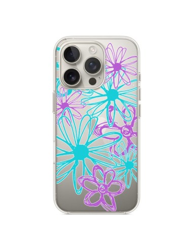 Coque iPhone 16 Pro Turquoise and Purple Flowers Fleurs Violettes Transparente - Sylvia Cook