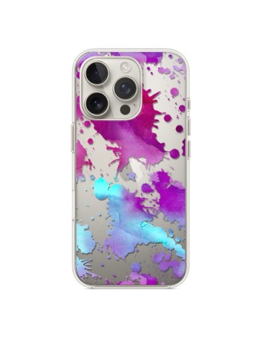 Coque iPhone 16 Pro Watercolor Splash Taches Bleu Violet Transparente - Sylvia Cook