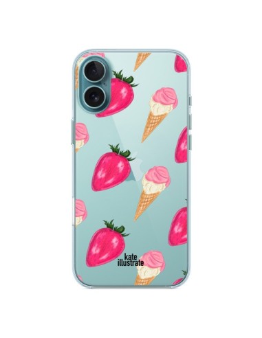 Coque iPhone 16 Plus Strawberry Ice Cream Fraise Glace Transparente - kateillustrate