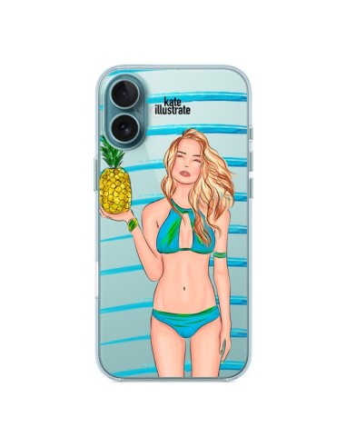 Coque iPhone 16 Plus Malibu Ananas Plage Ete Bleu Transparente - kateillustrate