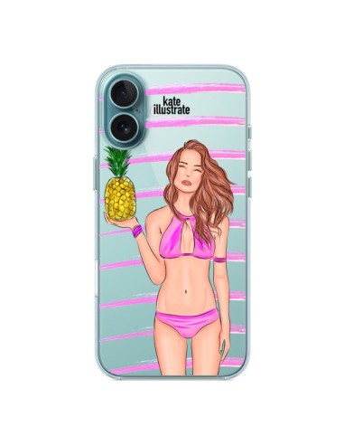 Coque iPhone 16 Plus Malibu Ananas Plage Ete Rose Transparente - kateillustrate