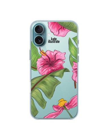 Coque iPhone 16 Plus Tropical Leaves Fleurs Feuilles Transparente - kateillustrate