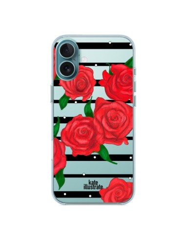 Coque iPhone 16 Plus Red Roses Rouge Fleurs Flowers Transparente - kateillustrate