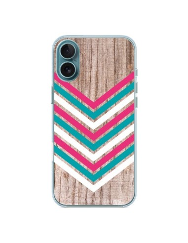 Coque iPhone 16 Plus Tribal Aztèque Bois Wood Flèche Rose Bleu - Laetitia