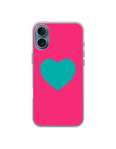 Coque iPhone 16 Plus Coeur Bleu Fond Rose - Laetitia