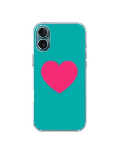 Coque iPhone 16 Plus Coeur Rose Fond Bleu  - Laetitia