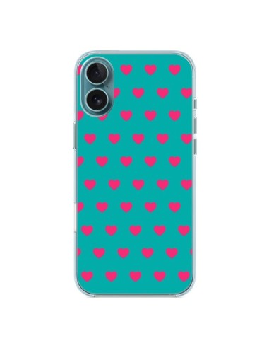 Coque iPhone 16 Plus Coeurs Roses Fond Bleu - Laetitia