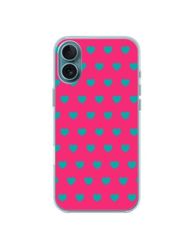 Coque iPhone 16 Plus Coeurs Bleus Fond Rose - Laetitia