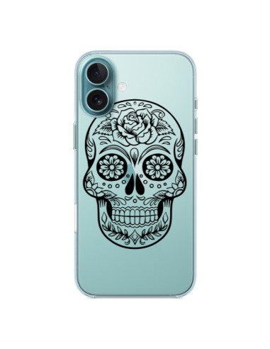 Coque iPhone 16 Plus Tête de Mort Mexicaine Noir Transparente - Laetitia