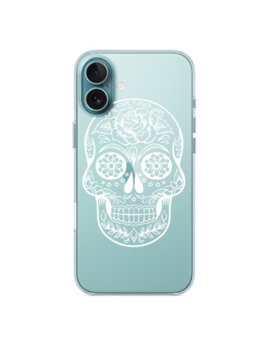 Coque iPhone 16 Plus Tête de Mort Mexicaine Blanche Transparente - Laetitia