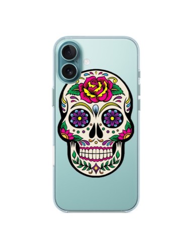 Coque iPhone 16 Plus Tête de Mort Mexicaine Fleurs Transparente - Laetitia