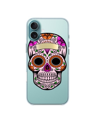 Coque iPhone 16 Plus Tête de Mort Mexicaine Noir Rose Transparente - Laetitia