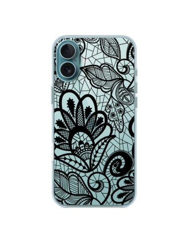 Coque iPhone 16 Plus Lace Fleur Flower Noir Transparente - Petit Griffin