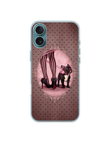 Coque iPhone 16 Plus Lady Jambes Chien Dog Rose Pois Noir - Maryline Cazenave