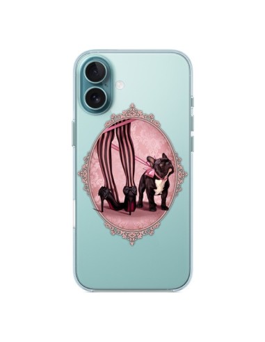 Coque iPhone 16 Plus Lady Jambes Chien Bulldog Dog Rose Pois Noir Transparente - Maryline Cazenave