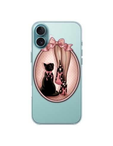 Coque iPhone 16 Plus Lady Chat Noeud Papillon Pois Chaussures Transparente - Maryline Cazenave