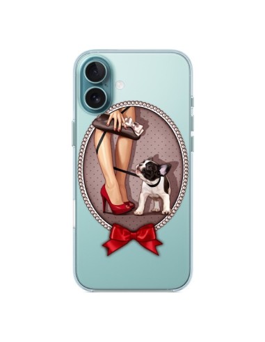 Coque iPhone 16 Plus Lady Jambes Chien Bulldog Dog Pois Noeud Papillon Transparente - Maryline Cazenave