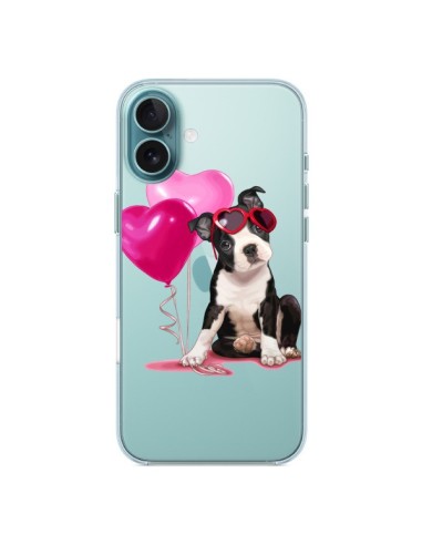 Coque iPhone 16 Plus Chien Dog Ballon Lunettes Coeur Rose Transparente - Maryline Cazenave