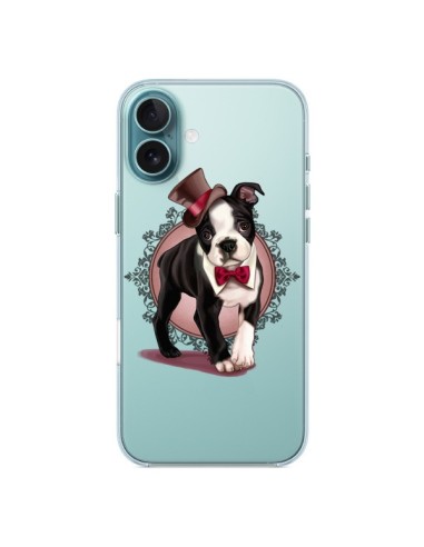 Coque iPhone 16 Plus Chien Bulldog Dog Gentleman Noeud Papillon Chapeau Transparente - Maryline Cazenave