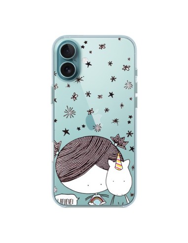 Coque iPhone 16 Plus Petite Fille et Licorne I Believe Transparente - Nico