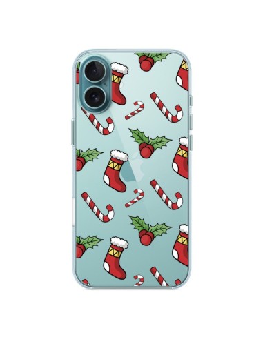 Cover iPhone 16 Plus Calze Bastoncini di Zucchero Agrifoglio Natale Trasparente - Nico