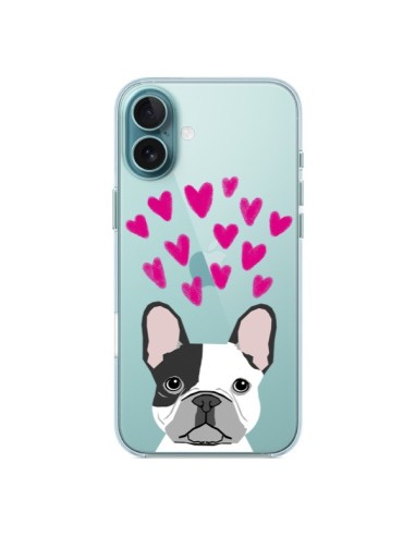 Coque iPhone 16 Plus Bulldog Français Coeurs Chien Transparente - Pet Friendly