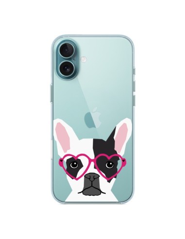 Coque iPhone 16 Plus Bulldog Français Lunettes Coeurs Chien Transparente - Pet Friendly