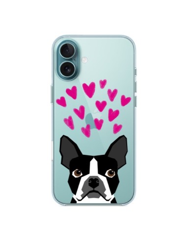 Coque iPhone 16 Plus Boston Terrier Coeurs Chien Transparente - Pet Friendly