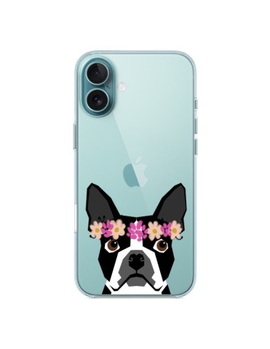 Coque iPhone 16 Plus Boston Terrier Fleurs Chien Transparente - Pet Friendly