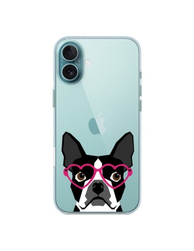 Coque iPhone 16 Plus Boston Terrier Lunettes Coeurs Chien Transparente - Pet Friendly