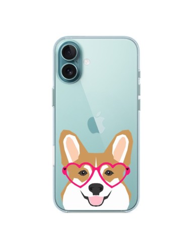 Coque iPhone 16 Plus Chien Marrant Lunettes Coeurs Transparente - Pet Friendly