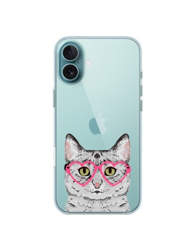 Coque iPhone 16 Plus Chat Gris Lunettes Coeurs Transparente - Pet Friendly