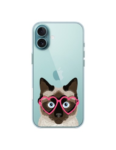 Coque iPhone 16 Plus Chat Marron Lunettes Coeurs Transparente - Pet Friendly