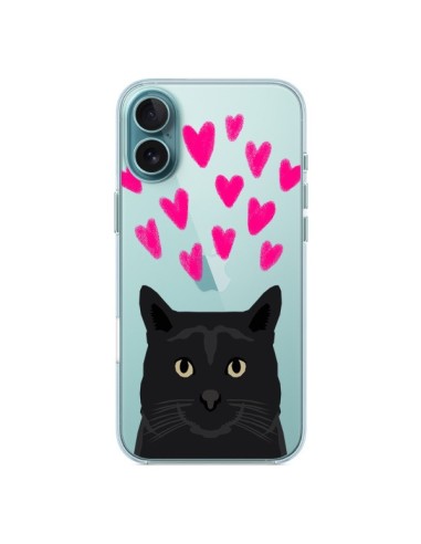 Coque iPhone 16 Plus Chat Noir Coeurs Transparente - Pet Friendly