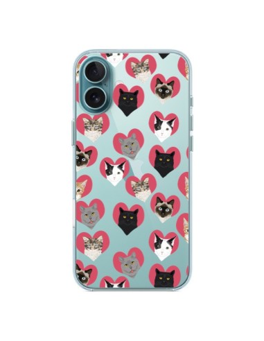 Coque iPhone 16 Plus Chats Coeurs Transparente - Pet Friendly