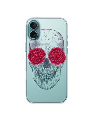 Coque iPhone 16 Plus Tête de Mort Rose Fleurs Transparente - Rachel Caldwell