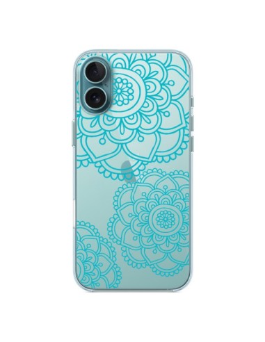 Coque iPhone 16 Plus Mandala Bleu Aqua Doodle Flower Transparente - Sylvia Cook