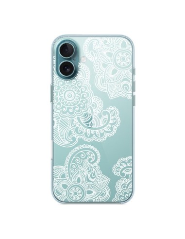 Coque iPhone 16 Plus Lacey Paisley Mandala Blanc Fleur Transparente - Sylvia Cook