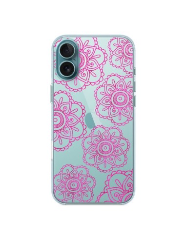 Coque iPhone 16 Plus Pink Doodle Flower Mandala Rose Fleur Transparente - Sylvia Cook