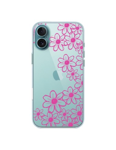 Coque iPhone 16 Plus Pink Flowers Fleurs Roses Transparente - Sylvia Cook