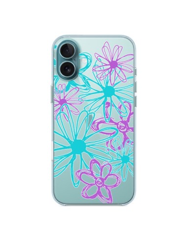 Coque iPhone 16 Plus Turquoise and Purple Flowers Fleurs Violettes Transparente - Sylvia Cook