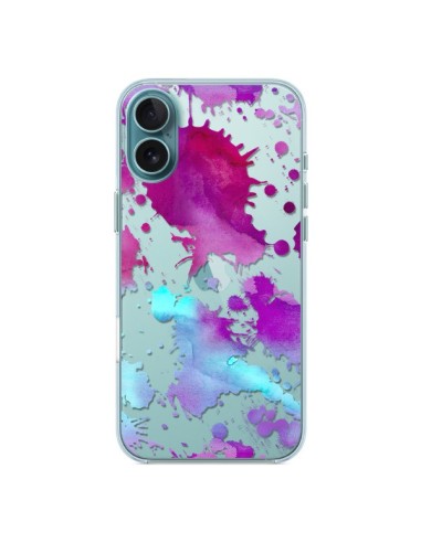 Coque iPhone 16 Plus Watercolor Splash Taches Bleu Violet Transparente - Sylvia Cook