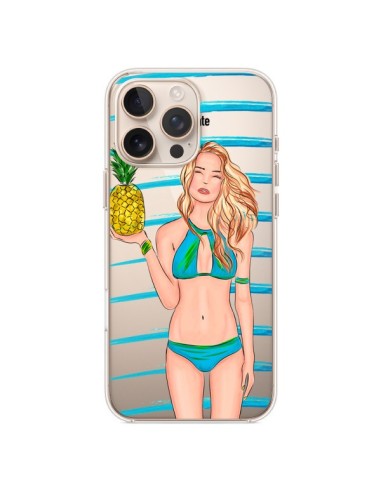 Coque iPhone 16 Pro Max Malibu Ananas Plage Ete Bleu Transparente - kateillustrate