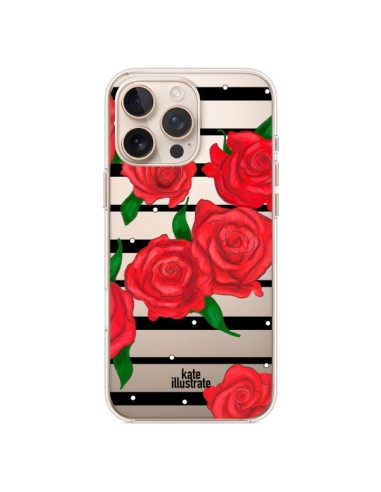 Coque iPhone 16 Pro Max Red Roses Rouge Fleurs Flowers Transparente - kateillustrate